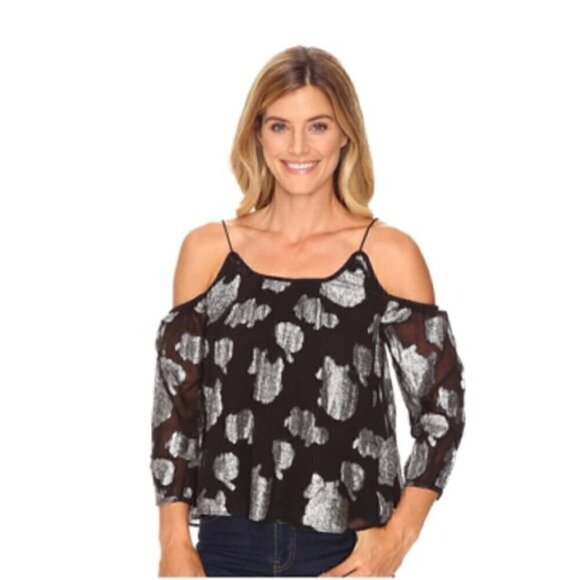 Lucky Brand Blouse XS NWT Off Shoulder Floral Silver Metallic - Picture 6 of 13